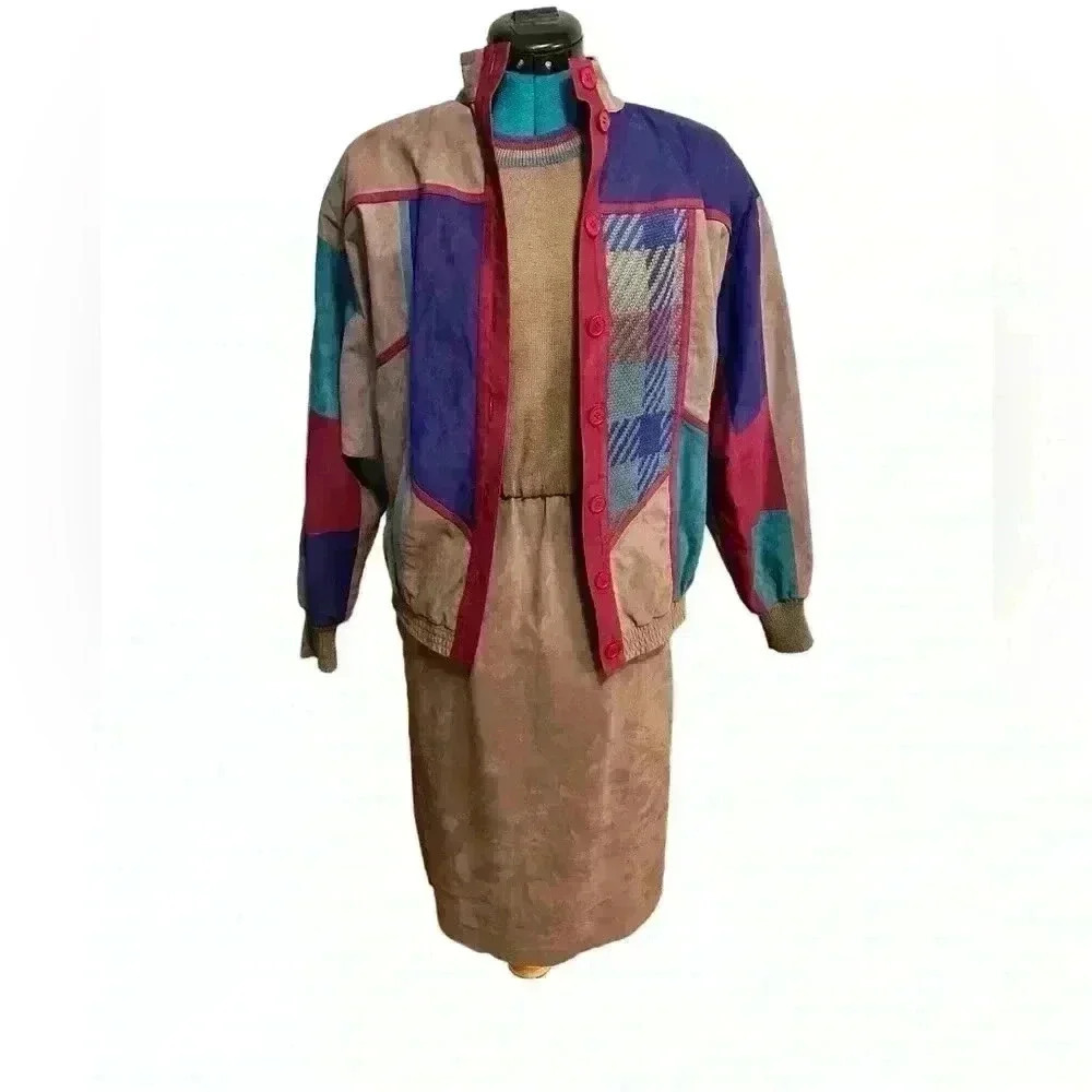 Vintage Ciao Ltd Plaid Sweater Gray Taupe Suede Dress Jacket 2 Piece Set Size 4